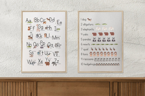 Alphabet and numbers/animals set/nursery art/schoolroom art/learning chart/canvas print/wall decor/set of 2/wall art
