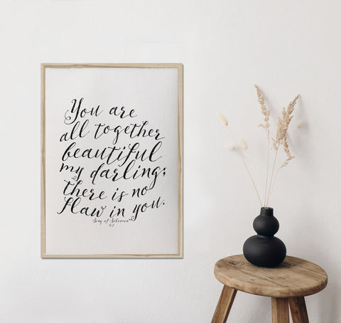 You are all together beautiful, my darling/song of solomon 4:7/canvas print/calligraphy sign/wall art