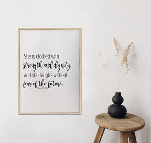 Proverbs 31:25/she is clothed/laughs without fear/canvas print/canvas wall art/wall decor