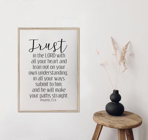 Trust in the lord with all your heart/proverbs 3:5-6/canvas art print/calligraphy sign/wall art/canvas print/wall decor