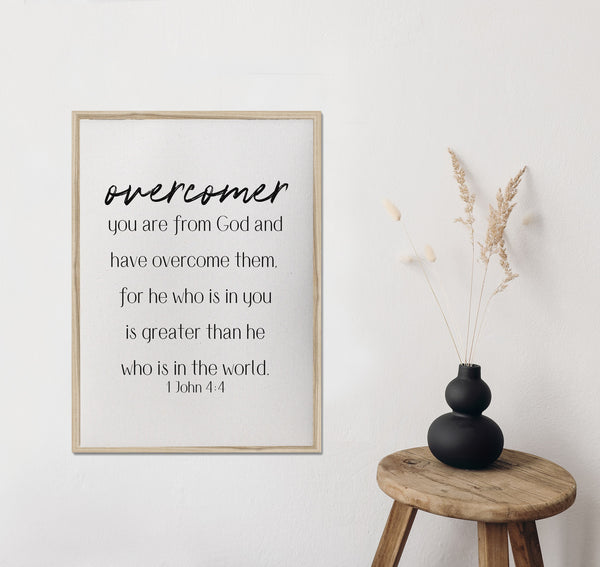 overcomer/1 John 4:4/greater than he that is the world/bible verse/home decor/canvas wall art